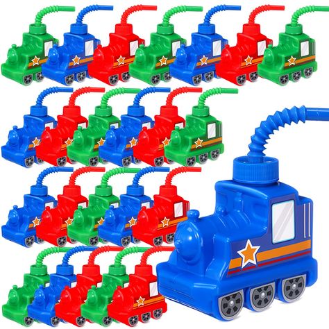 Train Goodie Bag Ideas, Train Three Year Old Party, Train 2nd Birthday Party Boys, Train 3rd Birthday Party, Cups With Straws, Thomas The Train Birthday Party, Train Birthday Party, Car Themed Parties, Second Birthday Ideas