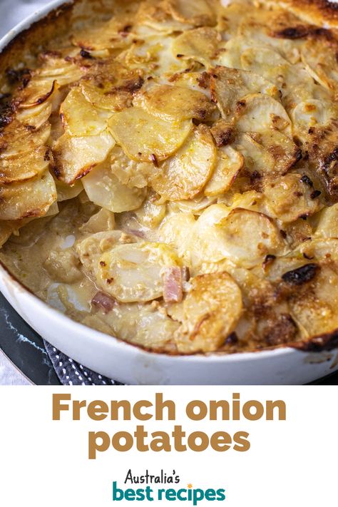 Potato Bake French Onion Soup, French Onion Soup Potato Bake, French Onion Scalloped Potatoes, French Onion Potato Casserole, French Onion Potato Bake, Potato Bake Recipe Easy, Potato Onion Bake, Scallop Potatoes Recipes, French Onion Potatoes