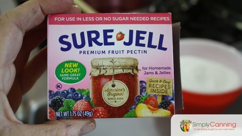 Holding a package of Sure Jell Premium Fruit Pectin. Low Sugar Plum Jam Recipe, Sugar Plum Jam, Plum Jelly Recipe, Canning Plums, Low Sugar Jam Recipes, Sure Jell Plum Jam, Plum Jam Recipe, Plum Jam Recipes, Pectin Recipes