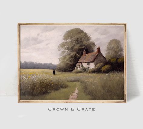 Country Home Artwork, Vintage Cottage Painting, English Cottage Painting, Cottage Oil Painting, Cottage Core Artwork, Cottage Core Landscape, Neutral Painting, French Country Art, Cottage Painting