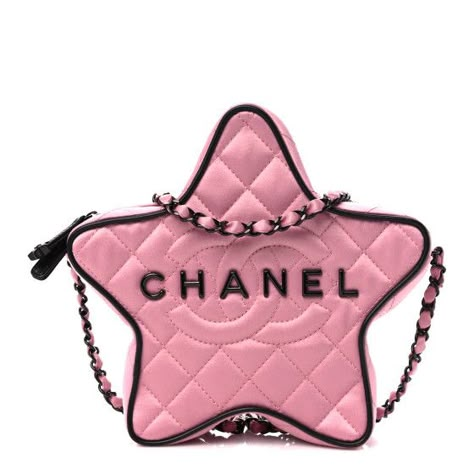 This is an authentic CHANEL Satin Quilted Walk of Fame Star Bag in Pink. This stunning shoulder bag is crafted of diamond-quilted satin in pink, in the shape of a star. The bag features a satin-threaded black chain shoulder strap, a quilted CC logo, and black letters that spell the Chanel signature on the front. The top zipper opens to a pink fabric interior with leather patch pockets. Luxury Duffle Bag Travel, Chanel Star Bag, Vintage Chanel Bag 90s, Pink Luxury Bag, Cool Bags, Chanel Bags, Channel Purse, Chanel Bag Outfit, Satin Quilt