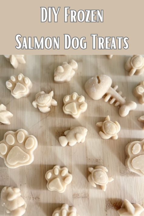 frozen salmon and apple dog treats in fun silicone dog molds Salmon Oil Dog Treats, Broth Dog Treats, Salmon Dog Treats, No Bake Dog Treats, Treat Business, Soft Dog Treats, Canned Salmon, Frozen Dog Treats, Dog Biscuit