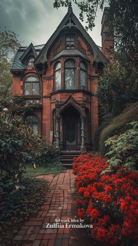 Victorian house. Classic red brick. My fantasy art created with AI. Mi... | TikTok Victorian Brick House, Victorian Town, Building Reference, Old Victorian House, Victorian Exterior, Old Victorian Homes, Bloxburg Home, Moody Decor, Victorian England