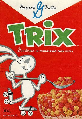 The original Trix--"Raspberry red, Lemon yellow and Orange orange"! Cereal Box, Cereal