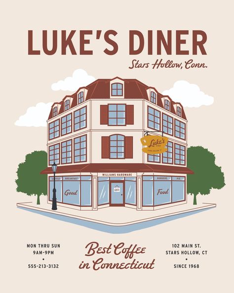 Had a lot of plans this weekend, but then it suddenly became very important to me to create a mid-century menu style illustration for Luke's Diner, so that's what I did instead. 🤷🏻‍♀️ Featuring brushes by @truegrittexturesupply and fonts from @hoodzpahdesign. And tees & posters available on the site because of course they are. Gilmore Girls Poster, Diner Aesthetic, Luke's Diner, Gilmore Girls Luke, Diner Menu, Lukes Diner, Illustrated Poster, Breakfast Burger, Stars Hollow