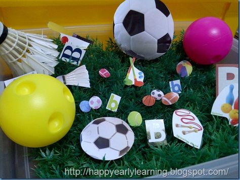 Happy Early Learning: Sensory Bin – B for Ball Sports Sensory Bin, B For Ball, Butterfly Bed, Sensory Bin Play, Abc Crafts, Photographic Memory, Baby Cubs, Door Games, Paper Balls