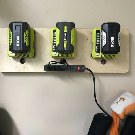 Battery Charger Mount - RYOBI Nation Projects Battery Charger Station, Battery Charging Station, Ryobi Battery, Ryobi Tools, Garage Renovation, Woodworking Shop Plans, Charger Station, Battery Holder, Diy Cans