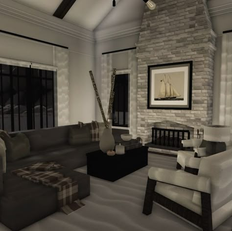 Bloxburg Living Room Dark Academia, Bloxburg Interior Living Room, Cool Things To Put In Your House, Bloxburg Apartment Ideas Interior, Bloxburg Family Room, Bloxburg Interior Ideas Living Room, Blocksburg Living Room Ideas, Bloxburg Realistic Living Room, Living Room Designs Bloxburg