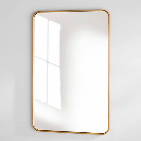 RE/FINE™ Sabine Metal Rounded Rectangle Wall Mirror & Reviews | Wayfair Brass Bathroom Mirror, Rectangular Bathroom Mirror, Florida Interior Design, Rectangle Wall Mirror, 1950s House, Master Bath Ideas, Brass Mirror, Bathroom Guest, Rounded Rectangle