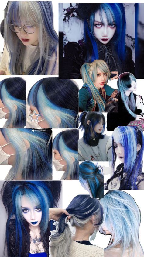 dark blue, silver, chunky highlights/ vkei inspired hair color Blue Hair With Highlights, Colour Blocking Hair, Periwinkle Hair, Hair References, Hair Acessories, Chunky Highlights, Dark Blue Hair, Face Care Routine, Silver Highlights