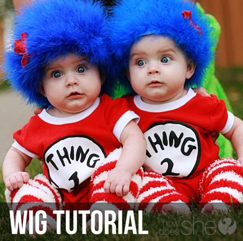 Super Easy Wig Tutorial for Dr. Seuss' Thing 1 and Thing 2! THE cutest idea for twin's costumes! {Other great Dr Seuss costume ideas at this link too!} /  How Does She Halloween Costumes You Can Make, Twin Halloween, Twin Halloween Costumes, Halloween Decor Diy, Homemade Halloween Costumes, Handmade Costumes, Baby Shower Inspiration, Homemade Halloween, How To Have Twins