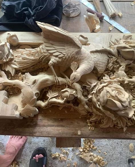 I love woodcarving on Instagram: “Rose and bird peacock 😊😊” Bird Peacock, Wood Carving Designs, Japanese Wall, Carving Designs, Wood Carvings, Wood Carving, Wood Crafts, Carving, Birds