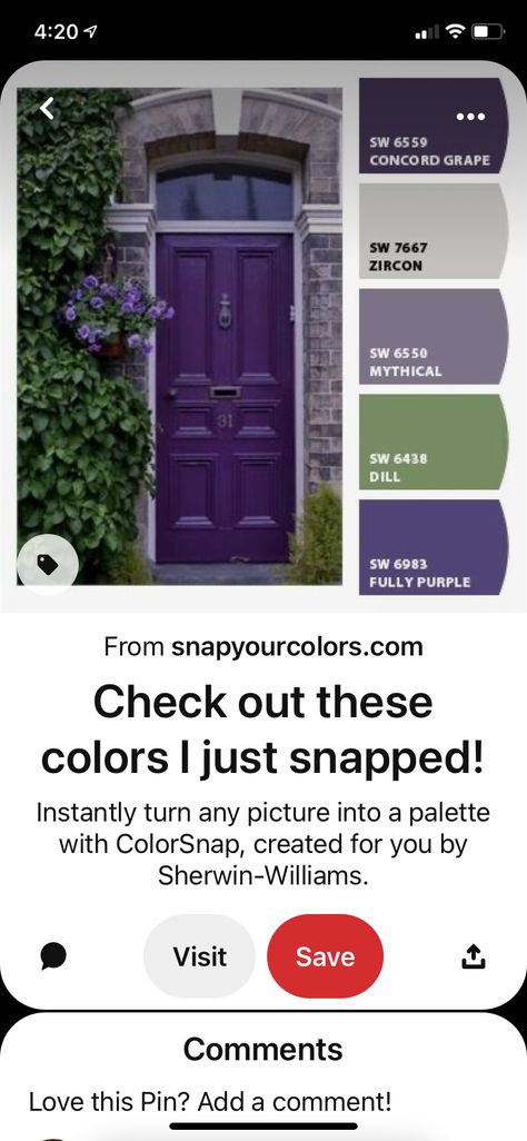 Purple Front Door, Purple Front Doors, Green Siding, Color Door, Purple Door, Gray House, Grey House, Georgia Homes, Grey Houses