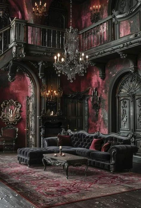 Curtains Maximalism, Dark Baroque Aesthetic, Haunt Furniture, Theatrical Aesthetic, Dollhouse Inside, Gothic Living Room Ideas, Gothic Rooms, Dark Maximalism, Living Room Halloween Decor