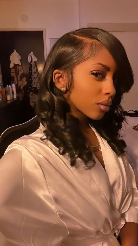 Black Women Hairstyles Silk Press, Baddie Hairstyles Flat Iron, Silk Press With Swoop, Silk Press Curled Ends, Deep Side Part Silk Press Natural Hair, Curled Natural Hair With Flat Iron, Natural Straight Hairstyles Black Women Real Hair, Silk Press Hairstyle For Black Women, Short Side Part Sew In