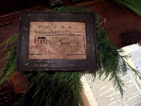 PRIMITIVE CHRISTMAS ~~ Christmas Samplers, Warm Christmas Decor, Country Christmas Crafts, Primitive Stitching, Christmas Sampler, Primitive Country Christmas, Primitive Stitchery, Christmas Cottage, Prim Christmas