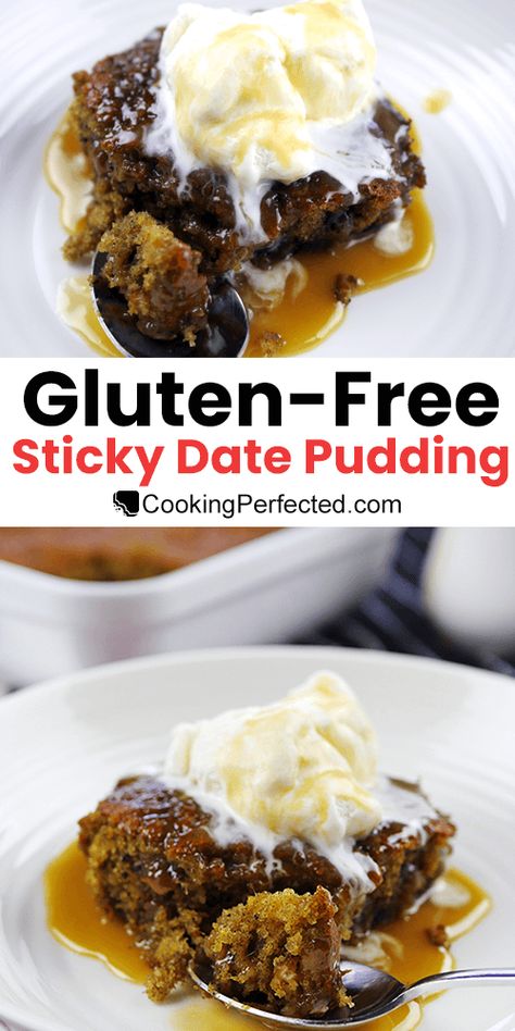 One of the most delicious gluten-free sticky date puddings that you can make. Gluten Free Pudding, Glutenfri Baking, Sticky Date, Sticky Date Pudding, Gluten Free Cake Recipe, Date Pudding, Easy Gluten Free Desserts, Gluten Free Bakery, Gluten Free Sweet