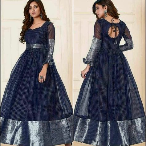 Saree Gaun Design Dresses, Back Neck Designs For Anarkali Dresses, Saree To Long Frock Designs, Frock Neck Designs For Girl, Saree Into Frock Designs, Gown Neck Design Indian, Neck Designs For Gowns Indian, Long Frock Back Neck Models, Long Frock Designs For Women Party