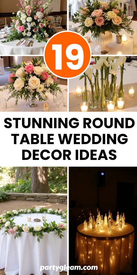 Planning a breathtaking wedding? Check out these 19 stunning round table wedding decor ideas that will transform your reception into an unforgettable celebration! From large central floral arrangements to enchanting fairy bottle lights, each idea is designed to create a magical atmosphere. Consider beautiful garden-style table garlands, striking floral urns, or ombré floral arrangements for that romantic touch. Plus, incorporate clusters of small bud vases with soft candles for a cozy vibe. These wedding decor ideas are perfect for crafting an enchanting setting for your special day. Want to impress your guests? Read on for more inspiring ideas! Spring Wedding Decorations Table, Round Table Tablescapes, Wedding Table Decorations Round Tables, Round Table Decor Ideas, Round Table Wedding Decor, Centerpieces For Round Tables, Spring Wedding Table Decor, Round Table Wedding, Wedding Tablescapes Round