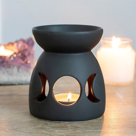 Black Triple Moon Cut Out Oil Burner - Something Different Wholesale Moon Oil, Ceramic Oil Burner, Soy Melts, Cerámica Ideas, Gothic Gifts, Wax Melters, Wax Burner, Triple Moon, Black Oil