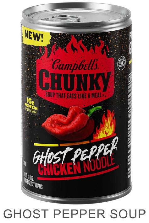 Spice up your soup game with this fiery Ghost Pepper Chicken Noodle Soup ! 🌶🍜 Guaranteed to bring the heat and leave you begging for more. Pin it now and prepare for a taste bud adventure! #GhostPepper #SpicySoup Spicy Chicken Noodles, Chunky Soup, Campbell Soup Company, Canned Soup, Ghost Pepper, Spicy Soup, Ghost Peppers, Pepper Chicken, Campbell Soup