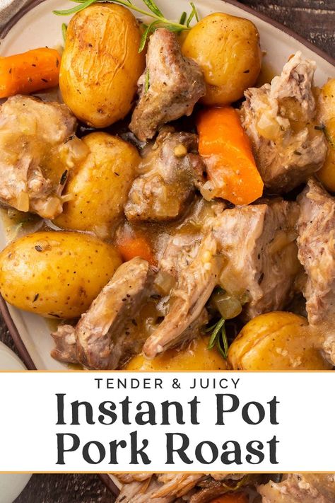 This Instant Pot pork roast is deliciously tender, moist, and savory, with perfectly cooked veggies like potatoes and carrots, all smothered in a rich gravy. This one-pot dinner cooks a pork roast so much faster, thanks to the Instant Pot, and there's just so much flavor! How Long To Cook Pork Toast In Instant Pot, Instantpot Pork Roast Recipes, Pork Pot Roast Instant Pot, Pork Roast In Pressure Cooker, Instant Pot Pork Roast With Gravy, Instant Pot Pork Roast Recipes Easy, Instant Pot Pork Roast And Potatoes, Instant Pot Pork Loin And Potatoes, Pork Leg Roast Recipes Instant Pot