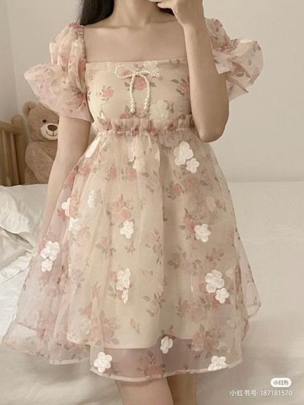 beige pink flower lace dress puffs douyin post Romantic Academia Outfits, Flower Lace Dress, Soft Feminine Outfits, Cute Formal Dresses, Cute Short Dresses, Vintage Slip Dress, Cupcake Dress, Fashion Top Outfits, Cute Dress Outfits