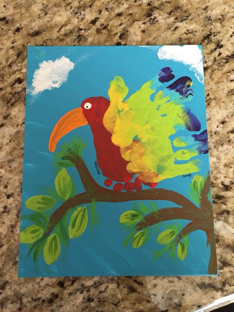 Parrot foot print hand art. Dr Seuss Preschool Activities, Bird Footprint, Jungle Artwork, Kids Canvas Painting, Toucan Art, Parrots Art, Kids Painting, Art Help, Preschool Arts And Crafts