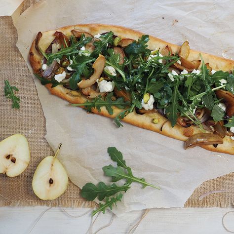 Pear & Onion Flatbread Denise Marchessault, Onion Flatbread, Sliced Pears, Flatbread Recipes, Pizza Peel, Flat Bread, Gruyere Cheese, Crushed Red Pepper, Pizza Stone