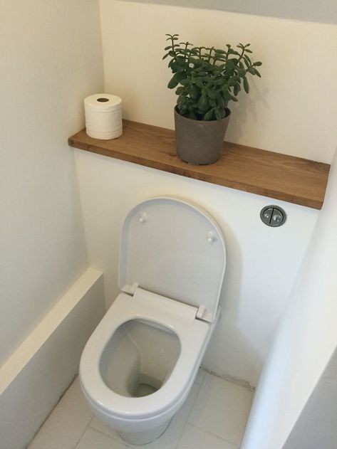 Wooden Mantel above toilet Shelves Under Stairs, Understairs Toilet, Space Saving Toilet, Wc Ideas, Small Downstairs Toilet, Cloakroom Toilet, Toilet Ideas, Toilette Design, Downstairs Cloakroom