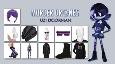 UZI DOORMAN COSTUME FROM MURDER DRONES Uzi Cosplay Ideas, Md Cosplay, Uzi Cosplay, Uzi Doorman, Drawing Face Expressions, Matching Costumes, Striped Beanies, Tunic Hoodie, Drone Images