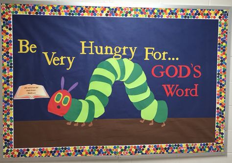 Very hungry caterpillar bulletin board. Caterpillar Bulletin Board Ideas, Fruit Of The Spirit Bulletin Board, Spring Door Decorations Classroom Preschool, Door Decorations Classroom Preschool, Caterpillar Numbers, Spring Door Decorations Classroom, Caterpillar Bulletin Board, Spring Door Decorations, Christian School Bulletin Boards