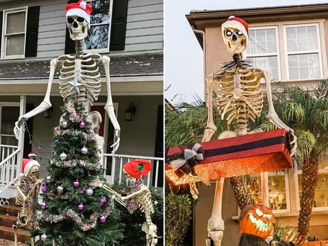 Home Depot's $300 giant skeleton is now Christmas decor - Insider Giant Skeleton Decoration Ideas, Home Depot 12 Foot Skeleton Ideas, Giant Skeleton Halloween Decor Ideas, 12 Ft Skeleton Decor, Home Depot Skeleton, Home Depot Skeleton Ideas, 12 Ft Skeleton Christmas Ideas, Giant Skeleton Decoration, Christmas Skeleton Ideas