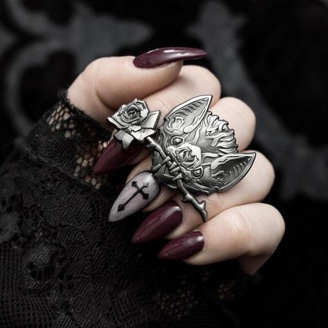 Pins, Stickers, Illustrations on Instagram: "“Between Realms” bat pin is back!! Li nk in bi0! 🦇⚔️🥀 • • • 📷 by @fedebiancyshinoda" Nails Bats, Nosferatu The Vampyre, Creepy Cute Art, Bat Nails, Goth Subculture, Vampire Bat, Goth Style, Pearl Nails, The Gothic