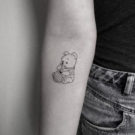 Fine Line Pooh Bear Tattoo, Flash Tattoo Disney, Disney Tattoo Designs, Winnie The Pooh Tattoo, Pooh Tattoo, Winnie The Pooh Tattoos, Sick Tattoos, Cute Simple Tattoos, Ankle Tattoos For Women