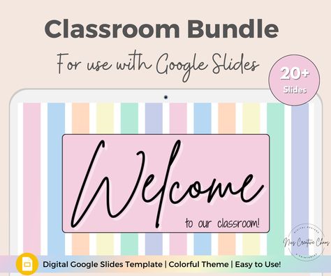 Google Slides Classroom Bundle, Google Slides Classroom Kit, Class Slideshow, Welcome, Morning activities, Rainbow Stripes Teacher Slides by NicsCreativeChaos on Etsy Teacher Slideshow Ideas, Teacher Slideshow, Slideshow Ideas, Morning Activities, Morning Morning, Custom Slides, Ways To Organize, Weekly Planner Printable, Pen And Paper