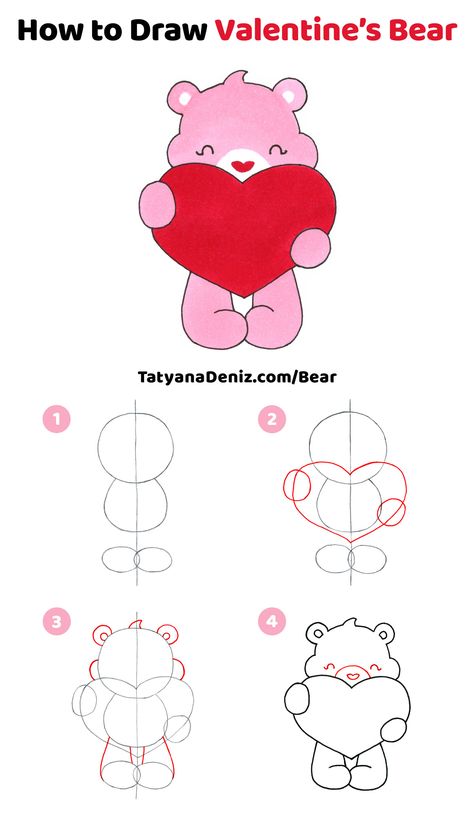 Valentin Drawings, Drawing Ideas Easy Valentines Day, Stuff To Draw Step By Step, Valentines Bear Drawing, Be My Valentine Drawings, Easy Valentines Day Painting, How To Draw Valentines, Cute Valentines Day Drawings Easy, Valintens Drawing