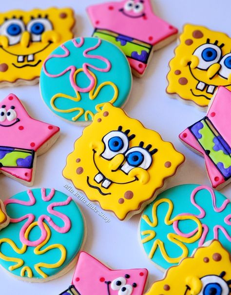 Spongebob,  Patrick star, bikini bottom, sugar cookies, Spongebob birthday Spongebob Royal Icing Cookies, Sponge Bob Cookies Decorated, Spongebob Birthday Cookies, Sponge Bob Cookies, Spongebob Sugar Cookies, Spongebob Cookies Decorated, Spongebob Cookies, Spongebob Theme, Royal Icing Decorated Cookies