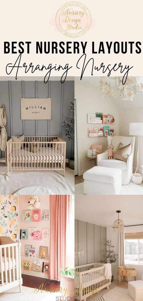 NURSERY LAYOUT IDEAS: 15 WAYS TO ARRANGE THE NURSERY - Nursery Design Studio Nursery Room Furniture Layout, Guest Nursery Combo Small, Nursery Storage Furniture, Simple Nursery Room Ideas, Small Nursery Wall Decor, L Shaped Nursery Layout, Coed Nursery Ideas, Large Room Nursery Layout, Nursery Room Configuration