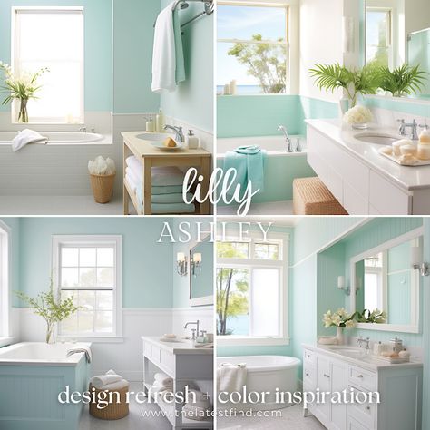 Lilly Ashley: Creating a Coastal Bathroom: Light and Bright Color Scheme with Ocean Blues and Seafoam Greens
lillyashleydesign.com Coastal Bathroom Lighting, Blue Beadboard, Coastal Color Scheme, Beadboard Paneling, Bright Palette, Pink Floral Wallpaper, Beach Inspired Decor, Spa Inspired Bathroom, Bright Color Schemes