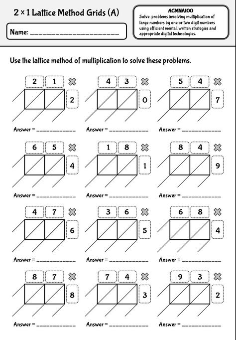 Lattice method of multiplication worksheets with Australian Curriculum codes ACMNA123 Lattice Method, Lattice Multiplication, Printable Multiplication Worksheets, Multiplication Strategies, Decimal Number, Learning Mathematics, Writing Rubric, Multiplication Worksheets, Super Teacher