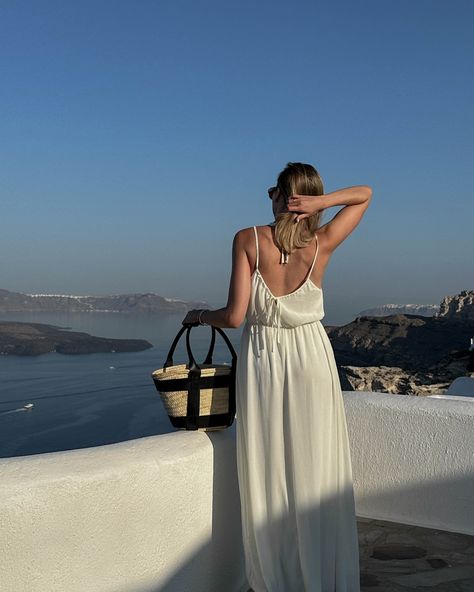 Minimal white maxi dress, capsule wardrobe, European fashion, European summer girl, Santorini views, basket bag, DeMellier London Demellier Santorini Bag, White Maxi, Street Styles, Basket Bag, European Summer, White Maxi Dresses, European Fashion, Summer Girls, Santorini