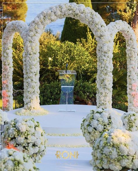 Triple arch of white blooms by Roni Floral Design Triple Arch Wedding, Floral Arches, All White Wedding, Cabo Weddings, Ceremony Inspiration, Aisle Decor, Floral Arch, Flower Decor, Dreamy Wedding