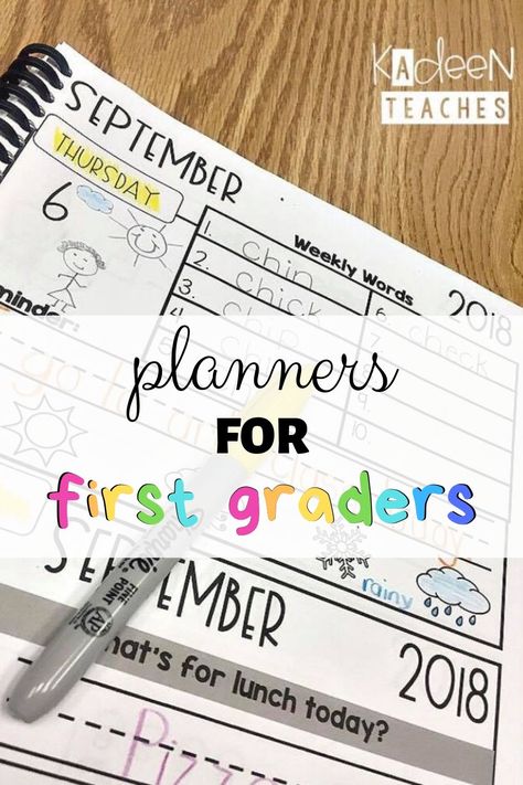 First grade planners designed to get students organized at the beginning of the school year. These planners are perfect to introduce on those first days back to school. Setup effective procedures now to set the tone for a great school year! #kadeenteaches #firstgrade #backtoschool #beginningoftheyear #morningwork #activities #organization 1st Grade Beginning Of The Year, 1st Grade Portfolio, 1st Grade Goals Sheet, First Day Of First Grade Activities, First Grade Weekly Lesson Plan, First Day Of First Grade, Morning Binders First Grade, First Grade Year At A Glance, Calendar Routine First Grade