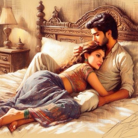 Indian Couple Anime, Romantic Pic Couple, Romantic Photos Couples Love, Couple Romantic Photoshoot, Indian Couple Painting Romantic, Bedroom Romantic Couple Pic, Romantic Paintings Couple, Romantic Couple Photoshoot, Loving Embrace