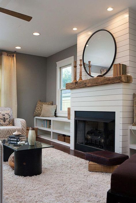 Add benches and windows to either side of the fireplace #thebasement Farmhouse Fireplace Ideas, Ceiling Mirror, Farmhouse Fireplace Mantels, Modern Farmhouse Fireplace, Fireplace Facing, Modern Rustic Living Room, Fireplace Lighting, Fireplace Mantel Decor, Reflecting Light