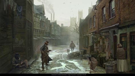 Victorian Slums , Hugo Puzzuoli on ArtStation at https://www.artstation.com/artwork/AoAbV Victorian Slums, Hill Aesthetic, Steampunk City, Fantasy Town, Steampunk House, Victorian London, She Wolf, Victorian Steampunk, Fantasy City