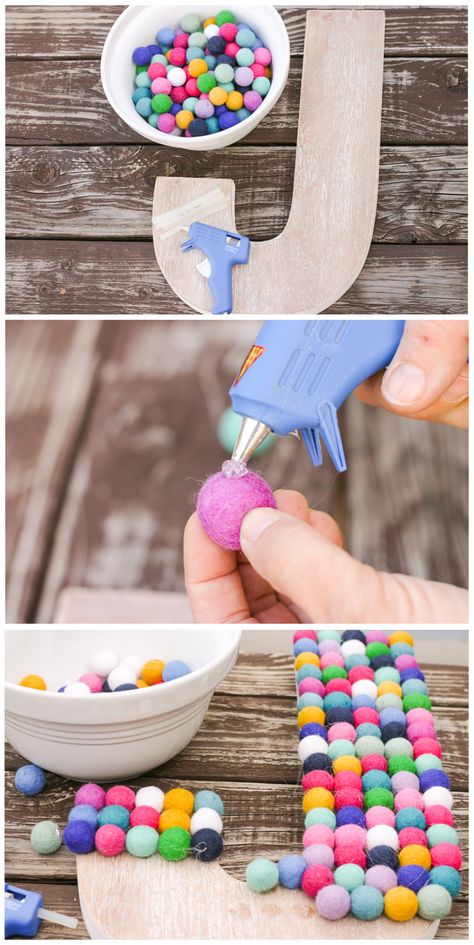 When your kid’s too young to tell you what their favorite color is, it’s best to play it safe and make sure that all the colors are well-represented in their nursery decor. This wooden letter DIY is an easy way to personalize your baby’s space without too much effort. Plus, sticking the little pom-poms on one by one is pretty therapeutic. Wooden Letters Diy, Diy Decoracion, Diy Crafts For Adults, Teen Outfits, Kraf Diy, Diy Letters, Diy Bricolage, Diy Simple, Creation Deco