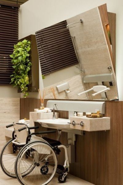 Tilted Mirror Bathroom, Small Accessible Bathroom Ideas, Disabled Interior Design, Accessible Interior Design, Handicapped Bathroom Ideas, Ada Bathroom Design, Tilted Mirror, Wheelchair Bathroom, Wheelchair Accessible Bathroom