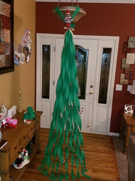 Streamer Christmas Tree, Elf 2023, Ceiling Streamers, Classroom Elf, Elf Shenanigans, Elf Ideas Easy, Elf Shelf, Hanging Christmas Lights, Elf Magic